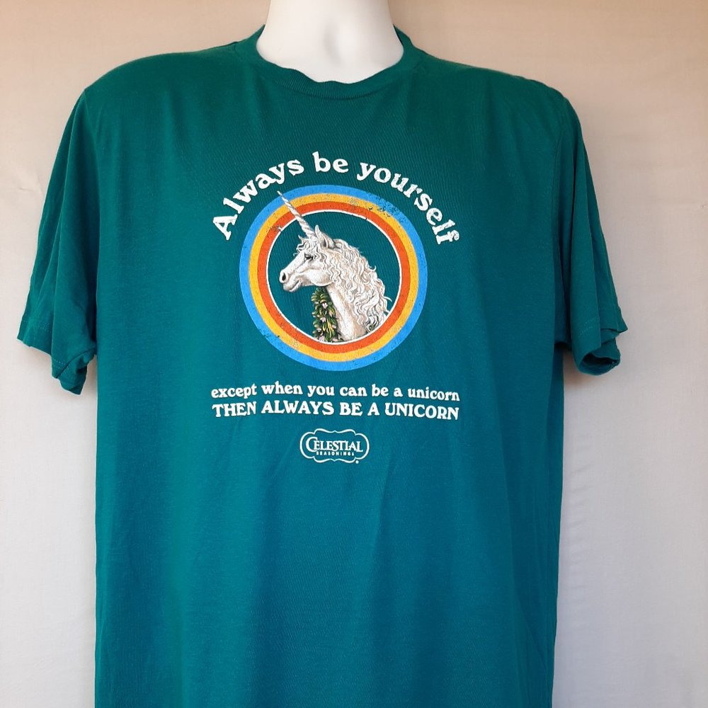 Celestial Seasonings Tea TEAL "Always Be Yourself" Unicorn T-Shirt-NEW w/Tags